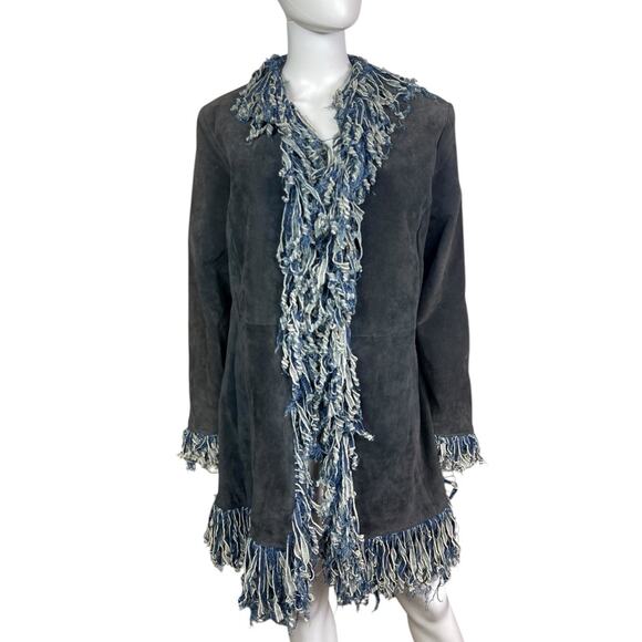 Wilsons Leather Jackets & Blazers - Vtg Wilson's Leather Maxima Women's XL Blue Black Denim Y2K Fringe Jacket GUC